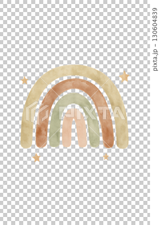Single muted boho rainbow with earthy pastel tones on transparent background PNG illustration using clean lines 130604839