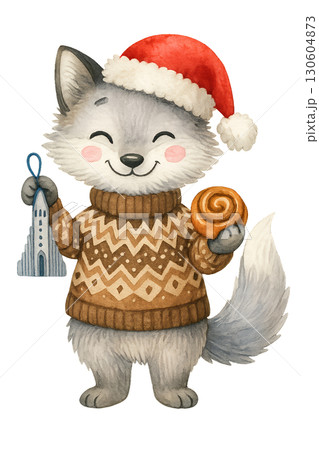 Adorable arctic fox wearing festive scarf and surrounded by delicate snowflakes on transparent background 130604873