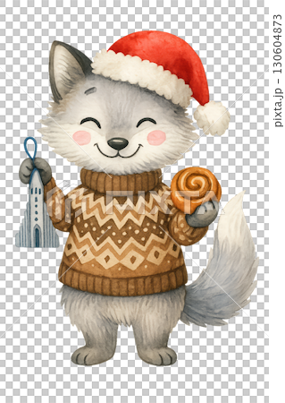 Adorable arctic fox wearing festive scarf and surrounded by delicate snowflakes on transparent background 130604873