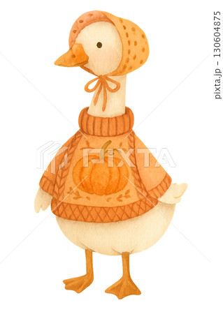 Cute cottagecore goose in a knitted pumpkin costume with autumn leaf accents on transparent background Cute cottagecore goose in a knitted pumpkin costume with autumn leaf accents on transparent background 130604875