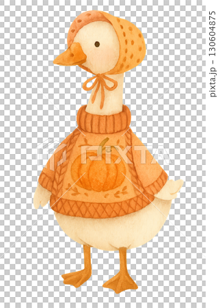 Cute cottagecore goose in a knitted pumpkin costume with autumn leaf accents on transparent background Cute cottagecore goose in a knitted pumpkin costume with autumn leaf accents on transparent background 130604875