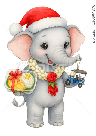 Watercolor cute funny baby elephant wearing Santa hat with Christmas wreath and transparent background 130604876