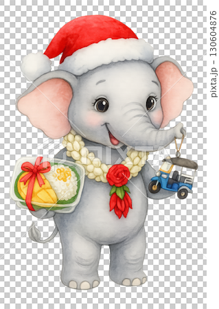 Watercolor cute funny baby elephant wearing Santa hat with Christmas wreath and transparent background 130604876