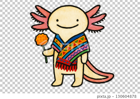 Cute axolotl tourist wearing colorful embroidered Mexican sarape scarf and holding maracas with transparent background PNG 130604878