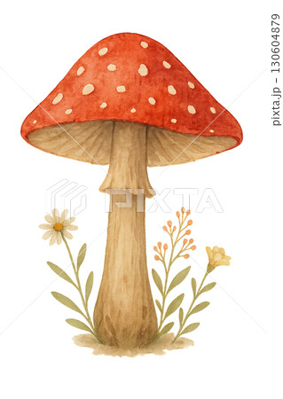 Watercolor Illustration Of Single Red Toadstool Mushroom With Clean Lines On Transparent Background PNG Watercolor Illustration Of Single Red Toadstool Mushroom With Clean Lines On Transparent Background PNG 130604879