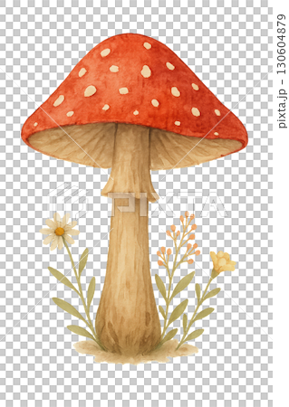 Watercolor Illustration Of Single Red Toadstool Mushroom With Clean Lines On Transparent Background PNG Watercolor Illustration Of Single Red Toadstool Mushroom With Clean Lines On Transparent Background PNG 130604879