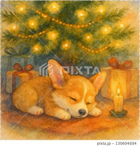 Watercolor Corgi Puppy Sleeping Beneath Twinkling Christmas Tree with Gifts and Garlands on Transparent PNG 130604884