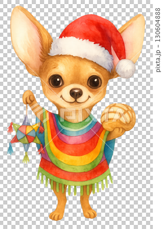 Adorable playful Chihuahua wearing Santa hat and scarf on transparent PNG with festive holiday decorations 130604888