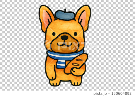 Cute French bulldog tourist wearing beret and striped scarf holding small camera on transparent background PNG image 130604892