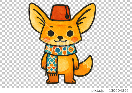 Adorable fennec fox tourist wearing a red fez and colorful mosaic scarf PNG image with transparent background 130604893