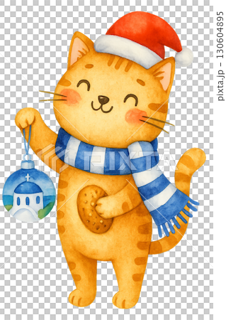 Christmas greeting scene with cute playful cat wearing holiday scarf on transparent background with watercolor effect 130604895