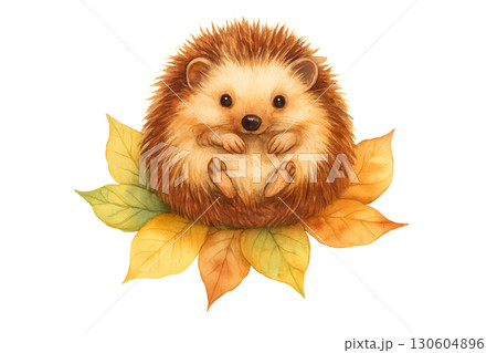 Adorable hedgehog curled up on colorful fallen autumn leaves with transparent background easy to use clean lines PNG 130604896