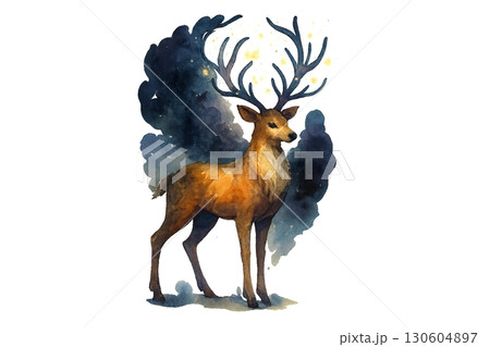 PNG Transparent Background Featuring Enchanting Watercolor Deer with Glowing Fireflies in Its Antlers Surrounded by Mystical Shadows 130604897