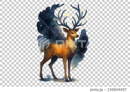 PNG Transparent Background Featuring Enchanting Watercolor Deer with Glowing Fireflies in Its Antlers Surrounded by Mystical Shadows 130604897