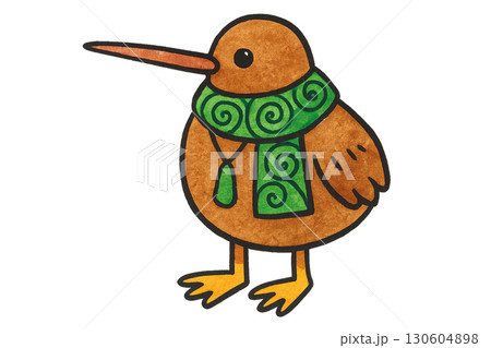 Cute kiwi bird tourist wearing koru fern scarf and pounamu pendant on transparent PNG background with clean lines 130604898