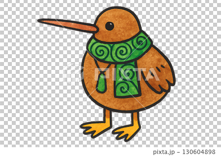 Cute kiwi bird tourist wearing koru fern scarf and pounamu pendant on transparent PNG background with clean lines 130604898