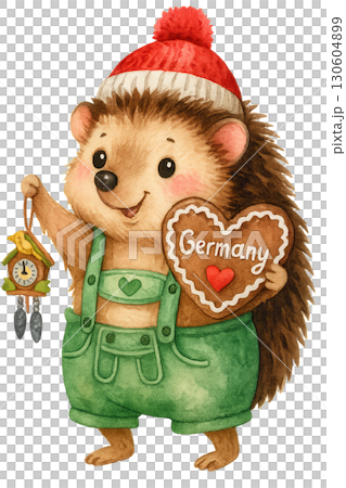 Adorable holiday hedgehog wearing festive hat surrounded by Christmas ornaments on transparent background 130604899