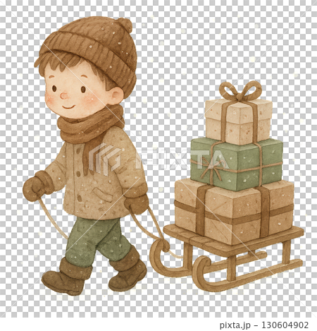 Adorable Little Boy Pulling Wooden Sled Filled With Wrapped Gifts Snow Dusted Soft Winter Scene Transparent Png Background 130604902