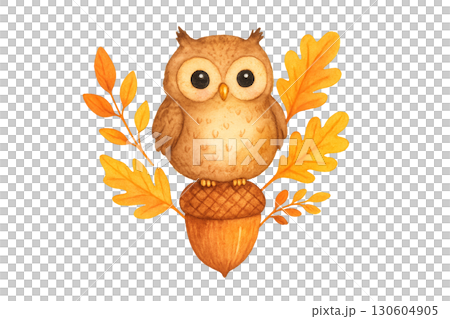Adorable little owl perched on a large acorn and surrounded by bright autumn foliage on a transparent PNG background 130604905