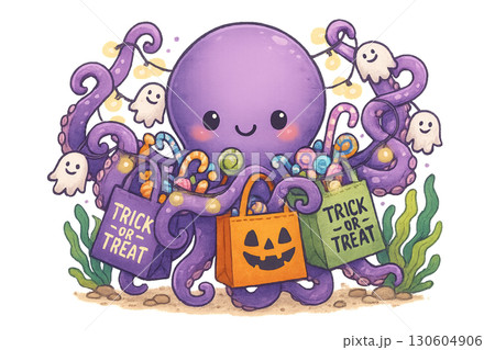 Playful purple octopus entangled in colorful Halloween treat bags filled with assorted candies on transparent PNG background 130604906