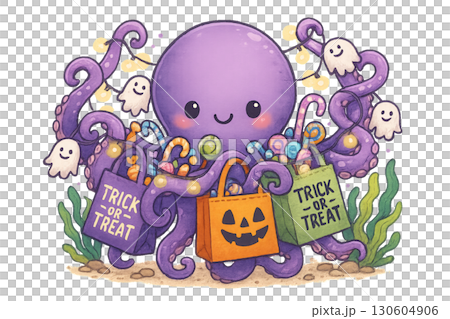 Playful purple octopus entangled in colorful Halloween treat bags filled with assorted candies on transparent PNG background 130604906
