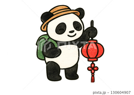 Adorable panda cub traveler in China carrying red lantern and lucky knot charm on transparent PNG background 130604907