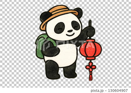 Adorable panda cub traveler in China carrying red lantern and lucky knot charm on transparent PNG background 130604907
