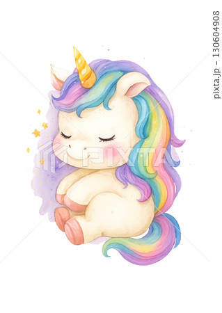 Adorable pastel baby unicorn peacefully sleeping on fluffy clouds with rosy chubby cheeks transparent background Clean Lines PNG illustration 130604908