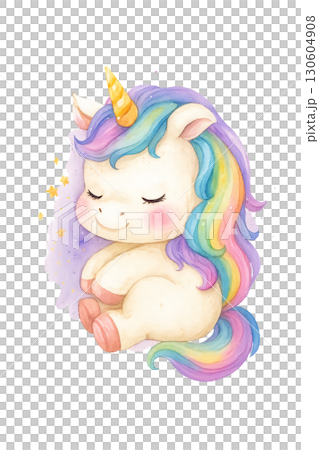 Adorable pastel baby unicorn peacefully sleeping on fluffy clouds with rosy chubby cheeks transparent background Clean Lines PNG illustration 130604908