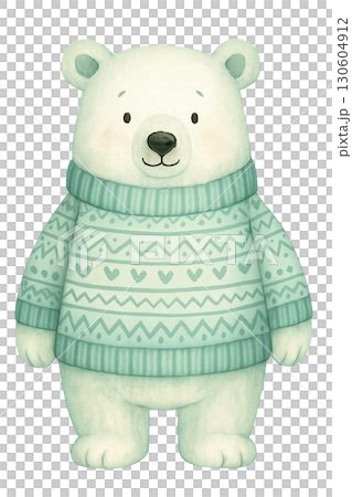 Adorable polar bear wearing festive winter sweater with decorative patterns on transparent background 130604912