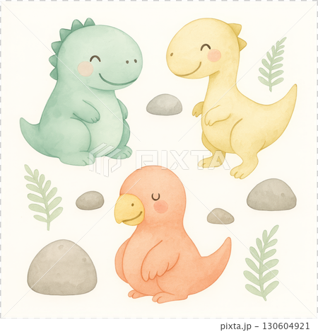 Three whimsical round-bodied dinosaurs with playful expressions in soft mint tones on transparent background PNG clean lines 130604921