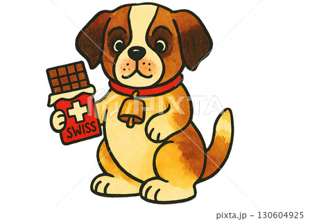 Adorable Saint Bernard puppy wearing cowbell collar exploring Swiss mountain landscape with chocolate treat transparent background 130604925