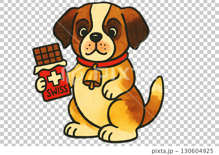 Adorable Saint Bernard puppy wearing cowbell collar exploring Swiss mountain landscape with chocolate treat transparent background 130604925