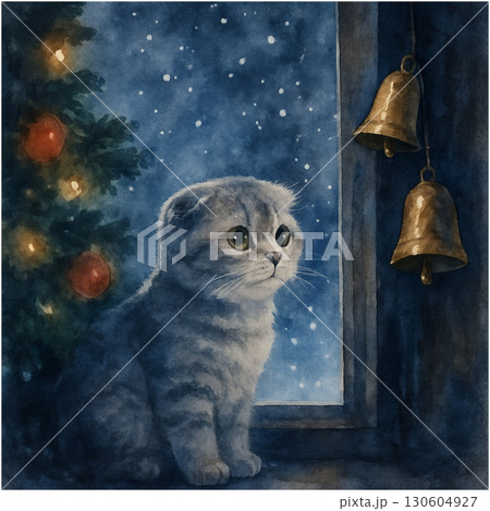Adorable Scottish Fold kitten watching gentle snowflakes through frosted window next to decorated Christmas tree with brass bells and holiday lights on transparent background PNG Adorable Scottish Fold kitten watching gentle snowflakes through frosted window next to decorated Christmas tree with brass bells and holiday lights on transparent background PNG 130604927