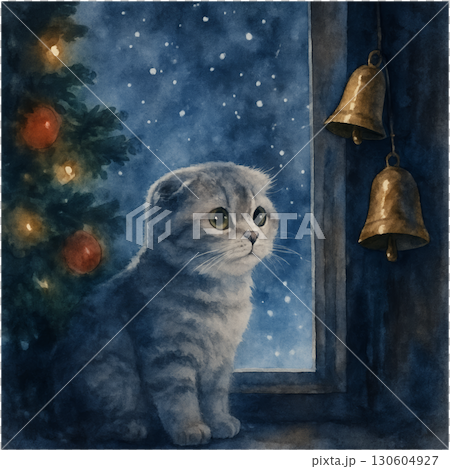 Adorable Scottish Fold kitten watching gentle snowflakes through frosted window next to decorated Christmas tree with brass bells and holiday lights on transparent background PNG Adorable Scottish Fold kitten watching gentle snowflakes through frosted window next to decorated Christmas tree with brass bells and holiday lights on transparent background PNG 130604927