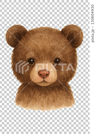 Adorable small bear cub portrait with warm cocoa to mocha fur tones on transparent PNG with watercolor wash Adorable small bear cub portrait with warm cocoa to mocha fur tones on transparent PNG with watercolor wash 130604930