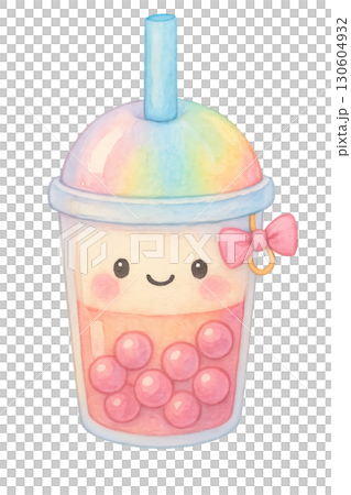 Adorable smiling bubble tea cup with watercolor effect and clean lines on transparent background 130604932