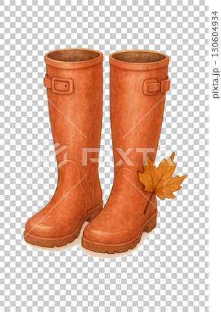 Pair of Warm Terracotta Rain Boots Watercolor Illustration with Transparent Background PNG File 130604934