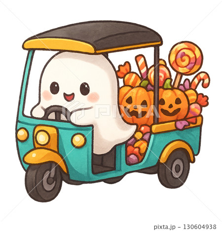 Adorable translucent ghost driving a miniature open air tuk tuk filled with colorful Halloween sweets and carved pumpkins transparent PNG alpha channel clean lines illustration 130604938