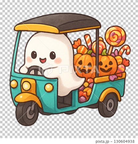 Adorable translucent ghost driving a miniature open air tuk tuk filled with colorful Halloween sweets and carved pumpkins transparent PNG alpha channel clean lines illustration 130604938