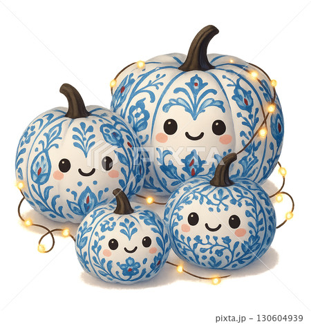 Cute pumpkin decorations featuring Iznik tile pattern surfaces and glowing fairy light string transparent background PNG with alpha channel coverage Cute pumpkin decorations featuring Iznik tile pattern surfaces and glowing fairy light string transparent background PNG with alpha channel coverage 130604939
