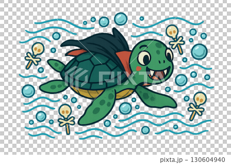 Playful Vampire Sea Turtle Swimming Through Wavy Lines with Bubbles Candy Skeletons under Water Whimsical PNG Image with Transparent Background 130604940
