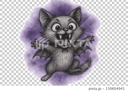 adorable vampire kitten illustration with exaggerated fangs and dramatic poses floating within atmospheric purple fog on transparent PNG background 130604941