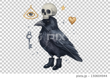 Adorable watercolor crow wearing tiny black boots balancing silver skull on its head surrounded by floating crystals PNG transparent background Clean Lines 130604944