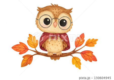 Cute Owl Wearing Round Spectacles and Tiny Cape Perched Amid Autumn Leaves on Transparent Background 130604945