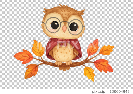 Cute Owl Wearing Round Spectacles and Tiny Cape Perched Amid Autumn Leaves on Transparent Background 130604945