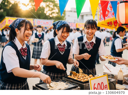 文化祭で賑わう高校の校庭、笑顔で焼きそばやたこ焼きを作る女子高生たち 130604970