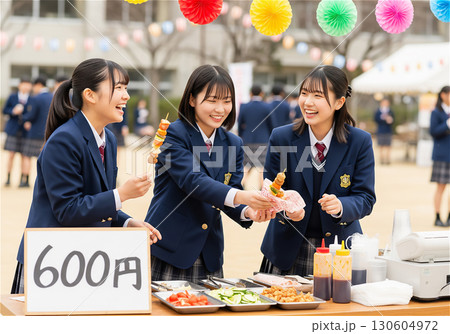 文化祭で賑わう高校の校庭、笑顔でケバブを作る女子高生たち 130604972
