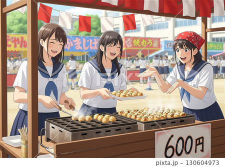 文化祭で賑わう高校の校庭、笑顔でたこ焼きを作る女子高生たち 130604973
