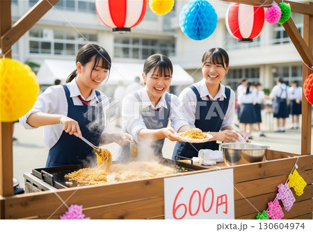 文化祭で賑わう高校の校庭、笑顔で焼きそばを作る女子高生たち 130604974